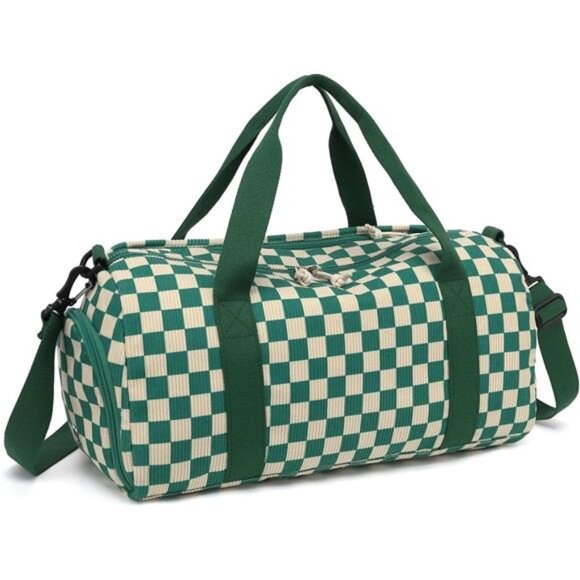 Duffle Bag Girls Kids Cute Gym Bag Green Green white checked - Picture 1 of 7